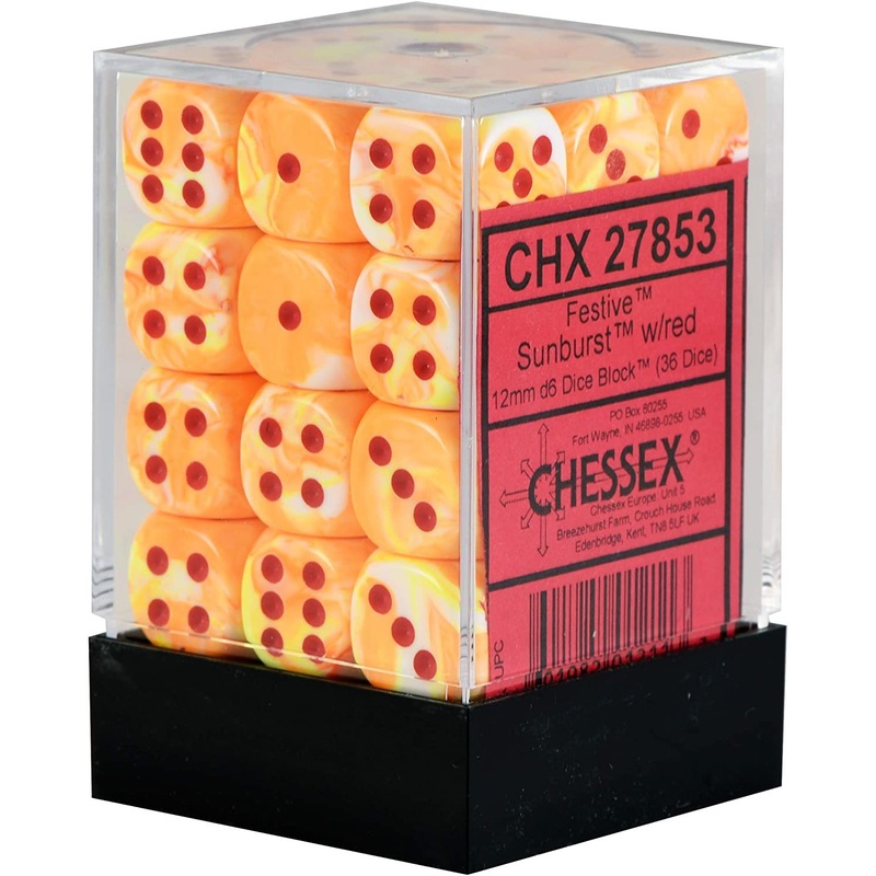 Chessex: Festive 12mm d6 w/pips Sunburst w/red Block
