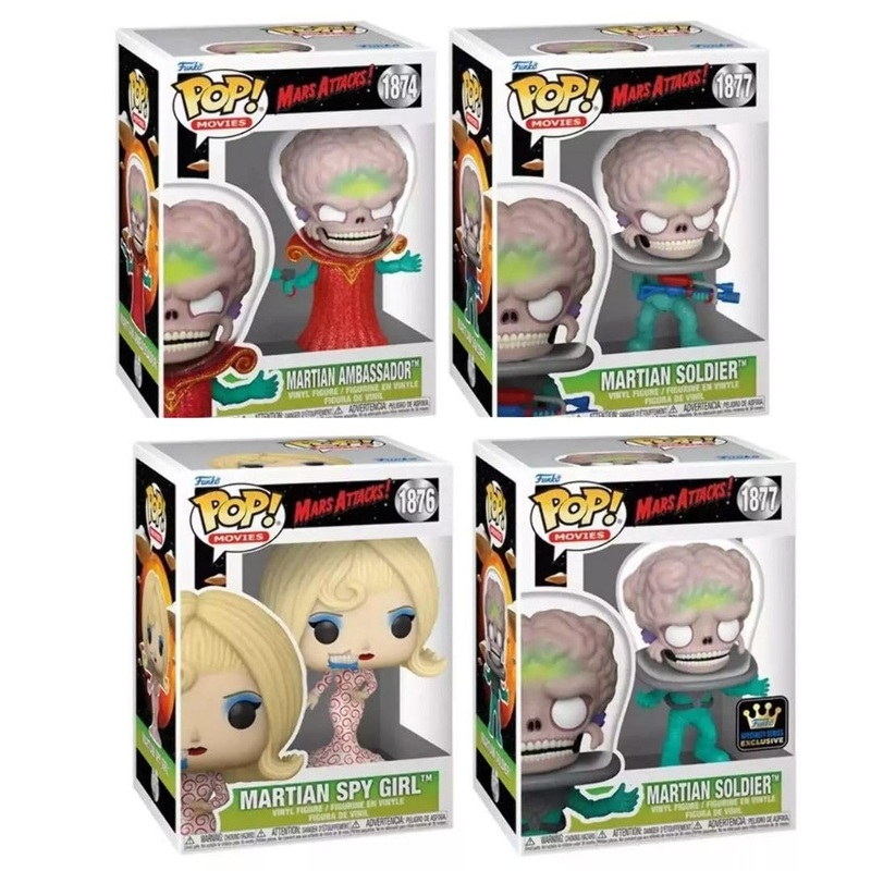 Mars Attacks! Funko Pop! Movies - Set of 4 (Martian Ambassador #1874, Martian Soldier #1877, Martian Spy Girl #1876, and Martian Soldier #1877) Collectible Vinyl Figures