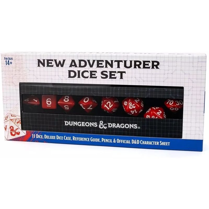 Sirius Dice Dungeons & Dragons New Adventurer's Red Dice Set  11 Dice, Deluxe Dice Case, Reference Guide, Pencil, and Official D&D Character Sheet