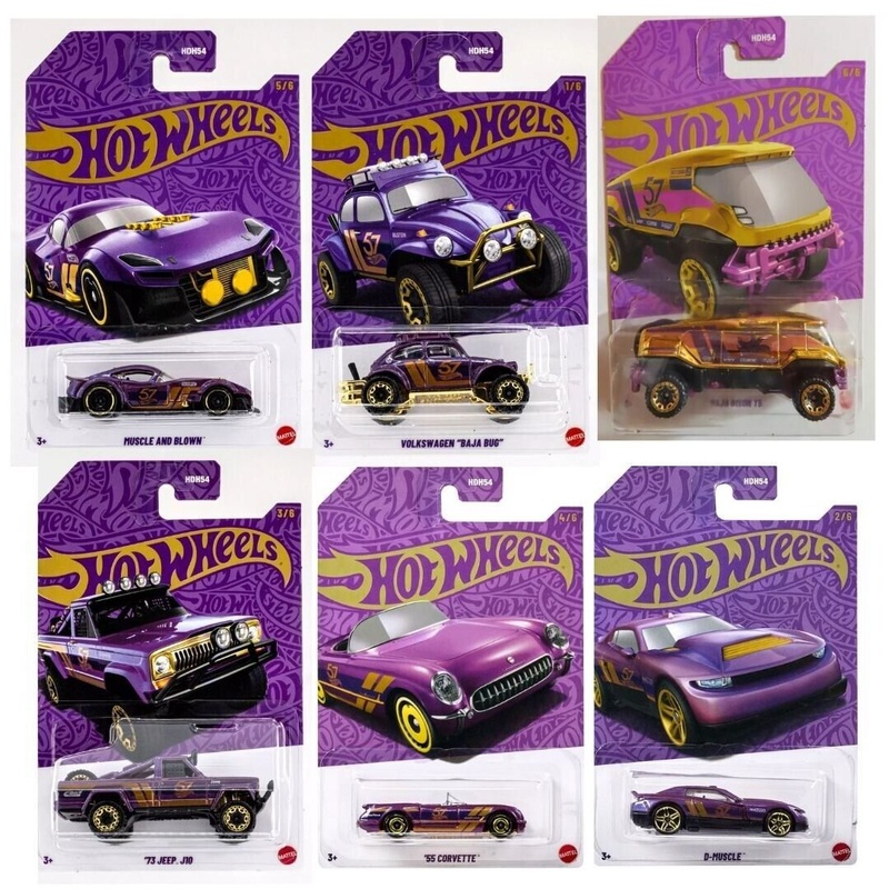 Hot Wheels Pearl and Chrome Vehicle 2025 Mix 1 Pack of 6 ( Baja Bison T5 Chase, Muscle and Blown, Volkswagen Baja Bug, '73 Jeep J10, 1955 Corvette, and D-Muscle) - 1:64 Scale Die-Cast Collectible Toy Car