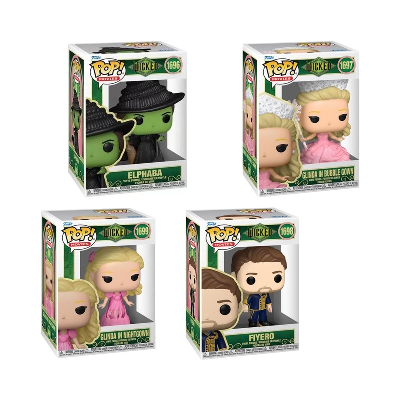 Funko Pop! Movies Wicked Part 1 Set of 4 - Glinda in Nightgown #1699, Fiyero #1698, Glinda in Bubble Gown #1697, and Elphaba #1696 - Collectible Vinyl Figures
