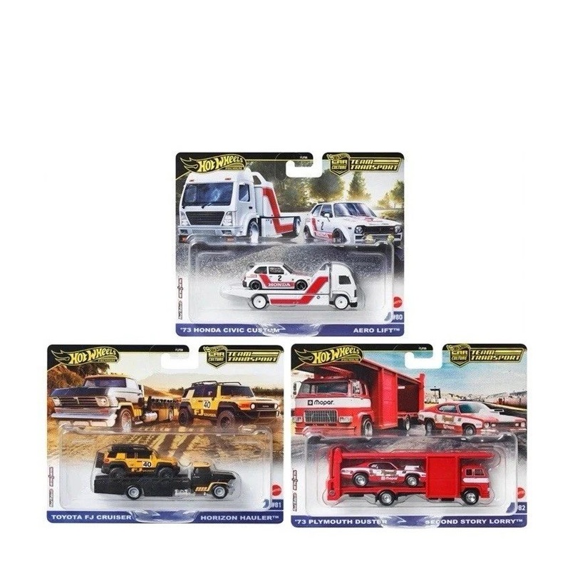 Hot Wheels 2025 Car Culture Team Transport Pack of 3 Cars/Transports - '73 Hondo Civic Custom w/ Aero Lift, Toyota FJ Cruiser w/ Horizon Hauler, and '73 Plymouth Duster w/ 2nd Story Lorry - Collectible Toy Car Vehicle