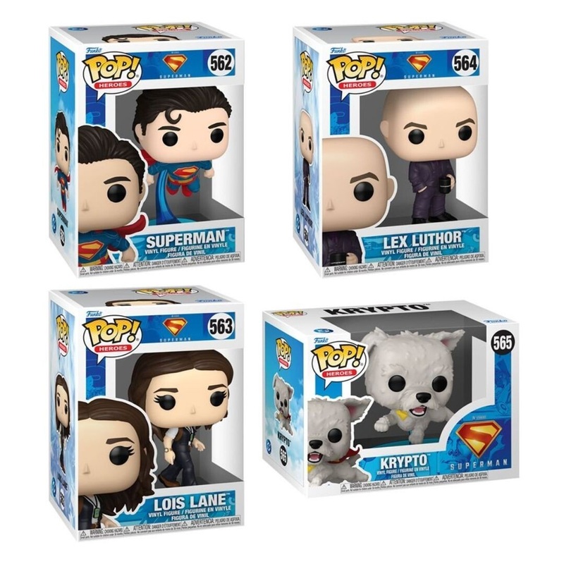 Superman (2025 Movie) Funko Pop! Heroes - Set of 4 (Superman #562, Lex Luthor #564, Lois Lane #563, and Krypto #565) Collectible Vinyl Figures