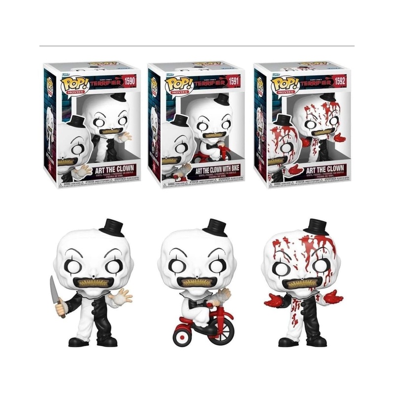 Art The Clown Funko Pop! Movies: Terrifier - Set of 3 (Art The Clown with Knife #1590, Art The Clown with Bike #1591, and Bloody Art The Clown #1592) Collectible Vinyl Figures
