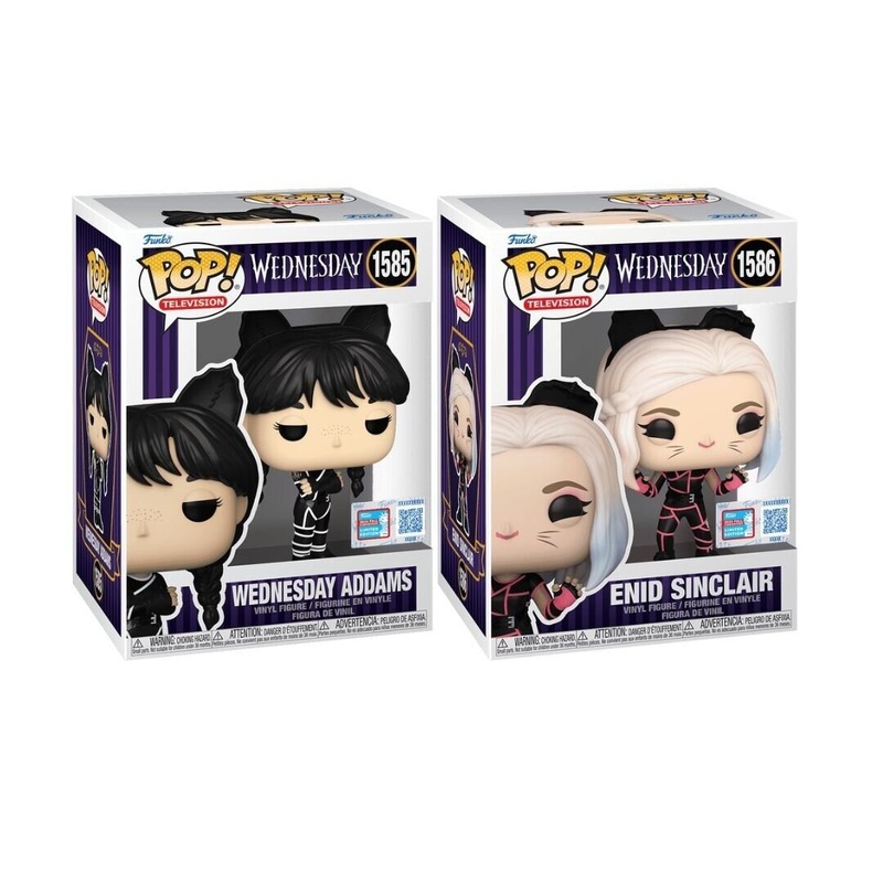 Wednesday Addams and Enid Sinclair Funko Pop! Television 2-Pack - NYCC 2024 Shared Sticker - Approx. 4.15" Collectible Exclusive Limited Edition Vinyl Figures #1585 and #1586 with Foldable Protector Case