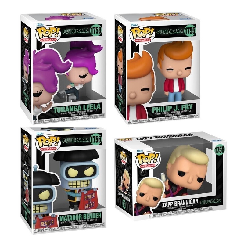 Futurama Wave 4 Funko Pop! Animation - Set of 4 (Philip J. Fry #1755, Matador Bender #1756, Turanga Leela #1758, and Zapp Brannigan #1759) Collectible Vinyl Figures