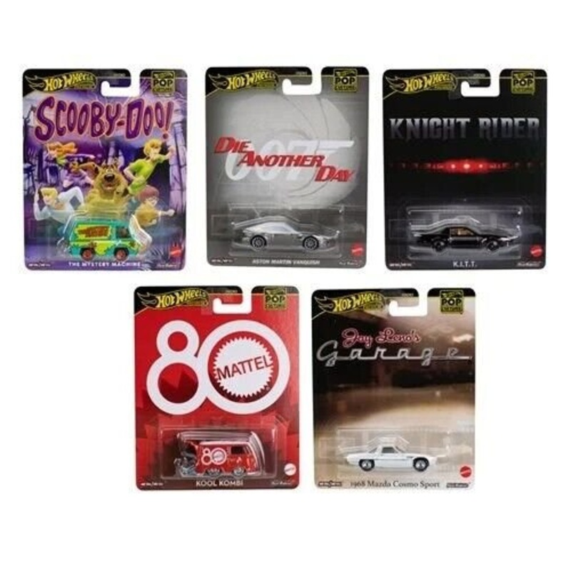 Hot Wheels Pop Culture 2025 Mix 1 Vehicle Case of 5 ( Scooby-Doo! The Mystery Machine, Die Another Day Aston Martin Vanquish, Knight Rider K.I.T.T, 80 Mattel Kool Kombi, Jay Leno's Garage 1968 Mazda Cosmo Sport)