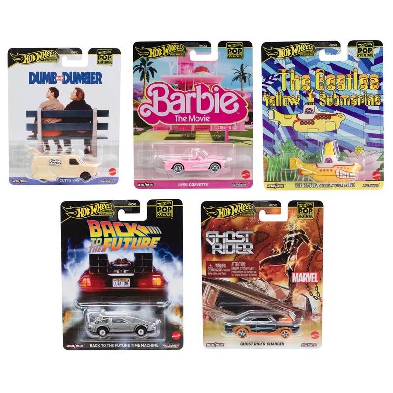 Hot Wheels Pop Culture 2025 Mix 2 Vehicle Pack of 5 (Mutt Cutts Van, 1956 Corvette, The Beatles Yellow Submarine, Back to the Future Time Machine, and Ghost Rider Charger )
