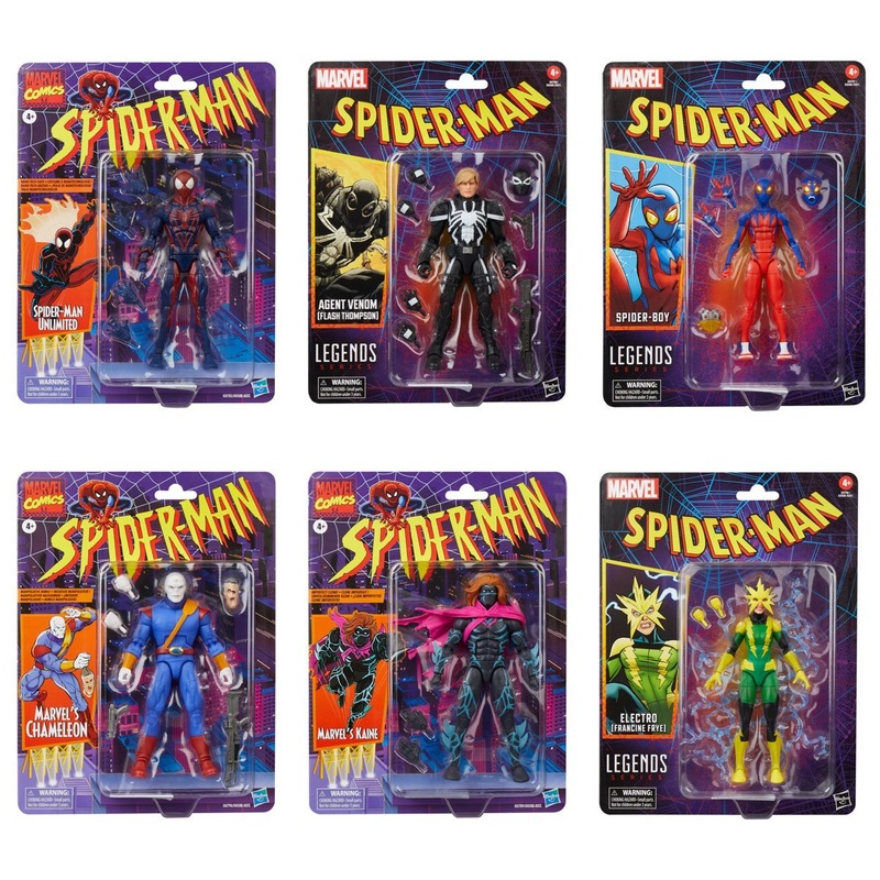 Spider-Man Retro Marvel Legends Comics 6-Inch Action Figures Wave 1 (Spider-Man Unlimited, Agent Venom - Flash Thompson), Spider-Boy, Marvel's Chameleon, Marvel's Kaine, Electro- Francine Frye) Pack of 6