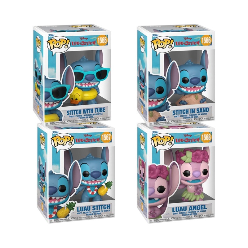 Lilo and Stitch Funko Pop! Disney - Set of 4 (Stitch with Tube #1565, Stitch in Sand #1566, Luau Stitch #1567, and Luau Angel #1568) Collectible Vinyl Figures