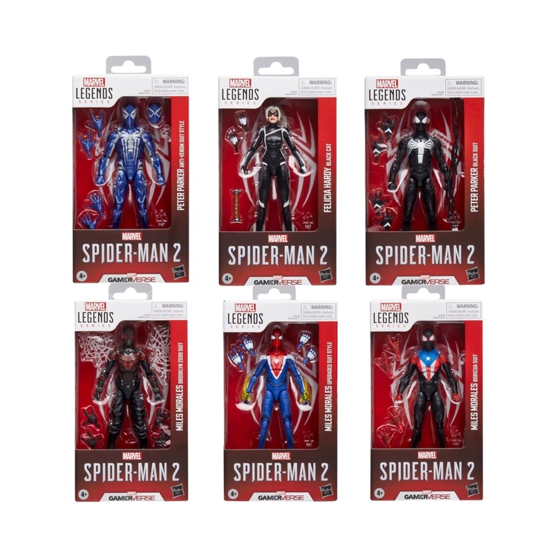Marvel Legends Series Gamerverse Spider-Man 2 Wave 1 - Pack of 6 (Parker Black Suit, Morales Upgraded Suit, M. Morales Boricua Suit, P. Parker Anti-Venom Suit, Black Cat F. Hardy, M. Morales Brooklyn 2099) 6" Figures by Hasbro - ETA: June 2025 (PRE-SALE)