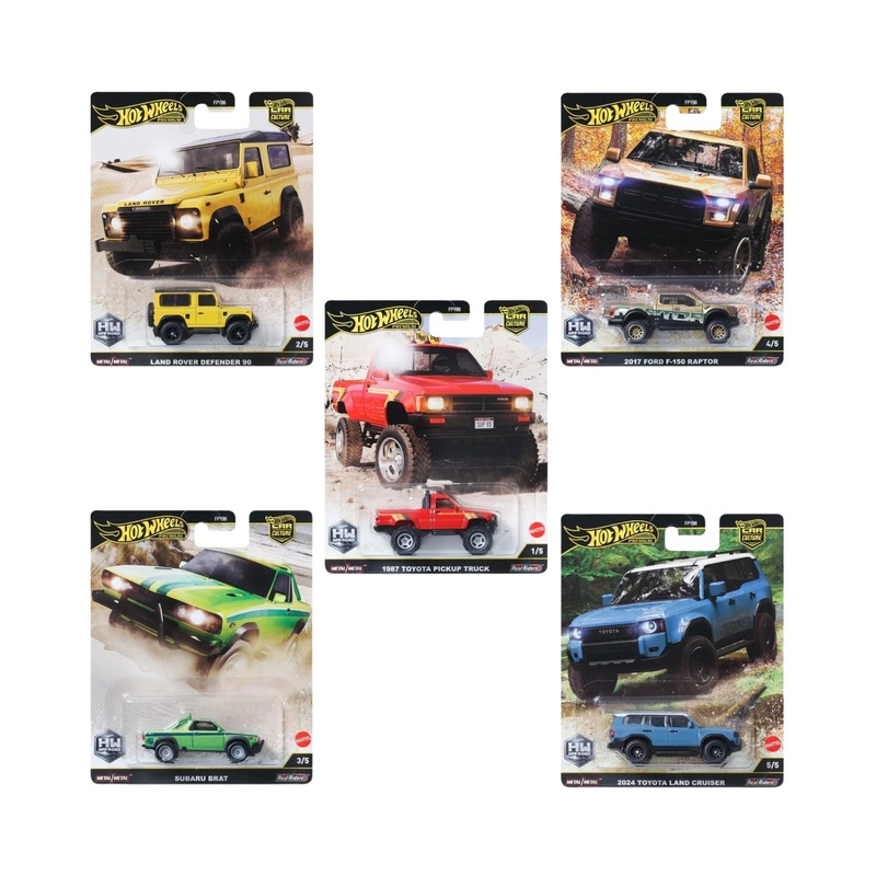 Hot Wheels Premium 2025 Car Culture 2025 Mix 3 Vehicle Bundle - Pack of 5 (2017 Ford F-150 Raptor, 1987 Toyota Pickup Truck, Land Rover Defender 90, 2024 Toyota Land Cruiser, and Subaru BRAT) Toy Car Vehicles