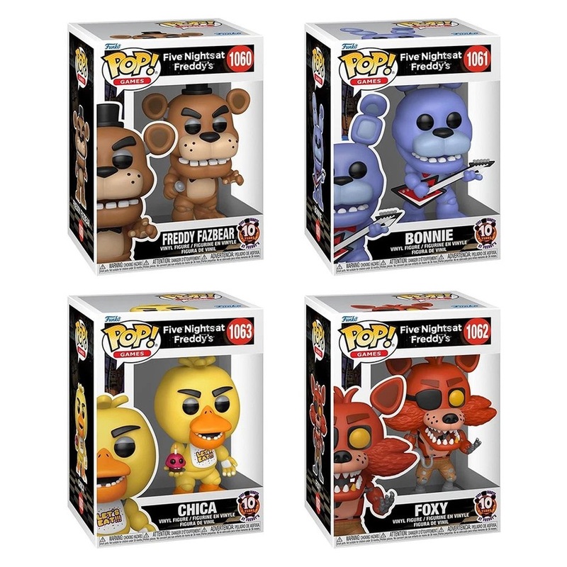 Five Nights at Freddy's Funko Pop! Games 10th Anniversary - Set of 4 (Freddy Fazbear #1060, Bonnie #1061, Foxy #1062, and Chica #1063) - Approx. 3 3/4" Collectible Vinyl Figures - Estimated Arrival: April 2025 (PRE-SALE)