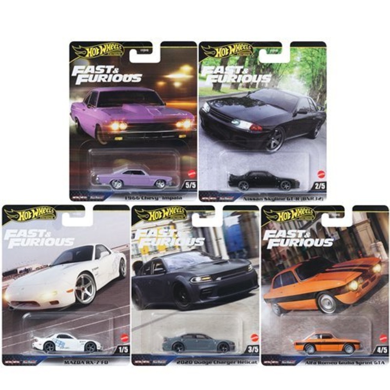 Hot Wheels Fast and Furious Premium 2025 Mix 2 Vehicle Bundle Pack of 5 (Mazda RX 7 FD, Alfa Romeo Giulia Sprint GTA, 2020 Dodge Challenger Hellcat, Nissan Skyline GT-R(BNR32), and 1966 Chevy Impala) - Estimated Arrival: April 2025 (PRE-SALE)