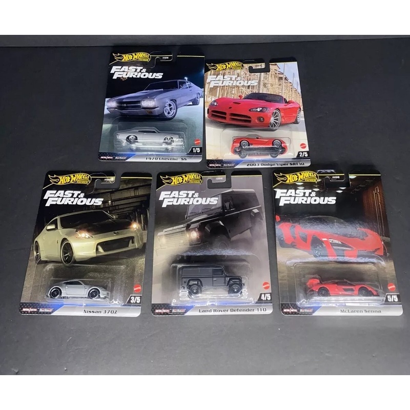 Hot Wheels Premium 2025 Fast & Furious - 5 Pack Bundle (McLaren Senna, Dodge Viper, Nissan 370Z, Land Rover Defender, and 1970 Chevelle SS) Toy Car Vehicles - Estimated Arrival: April 2025 (PRE-SALE)