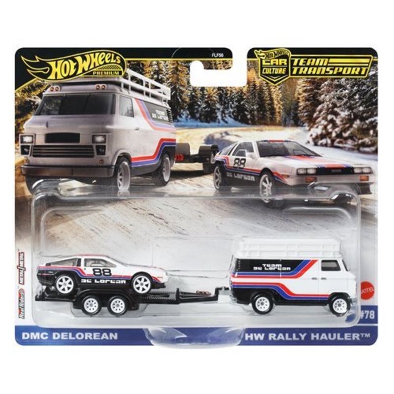 Hot Wheels Premium Car Culture Team Transport DeLorean DMC12 and HW Rally Hauler - Collectible Toy Car Vehicle