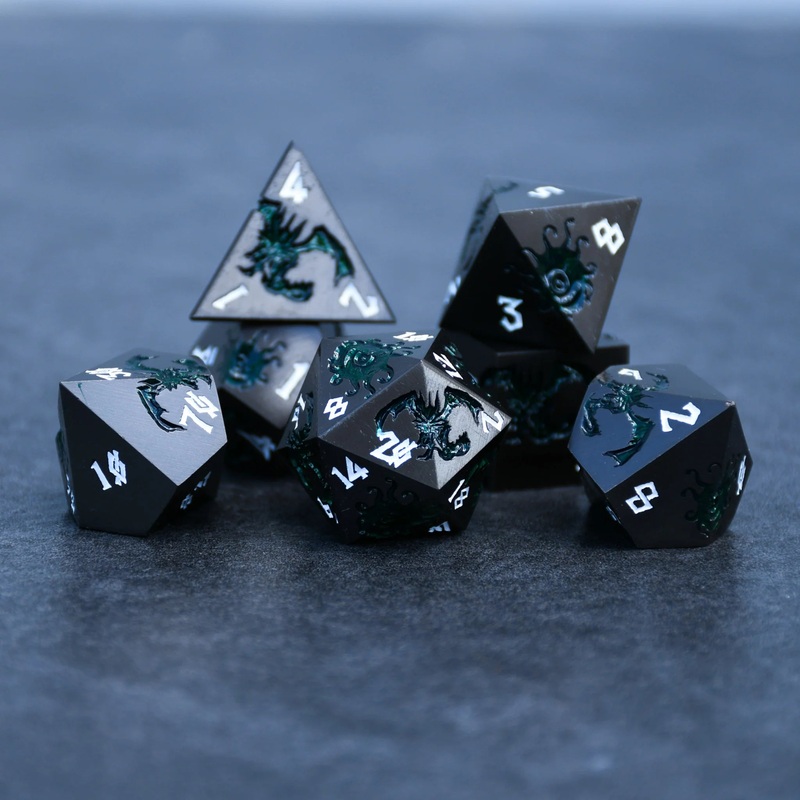 Misty Mountain - Monster Manual Dice: Gunmetal and Green - 7-set Metal Dice