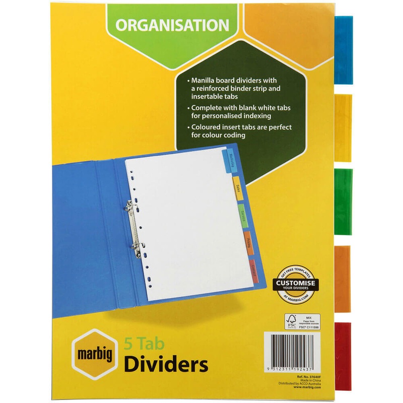 Marbig 5 insrer tab diviseurs manille a4 (color)